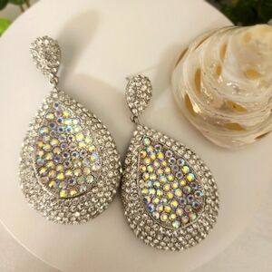 Large Silver Teardrop Statement Earrings AB and Clear Crystal